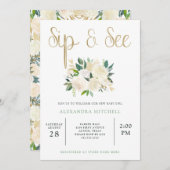 Elfenbeinflora mit Gold| Sip and See Einladung (Vorne/Hinten)