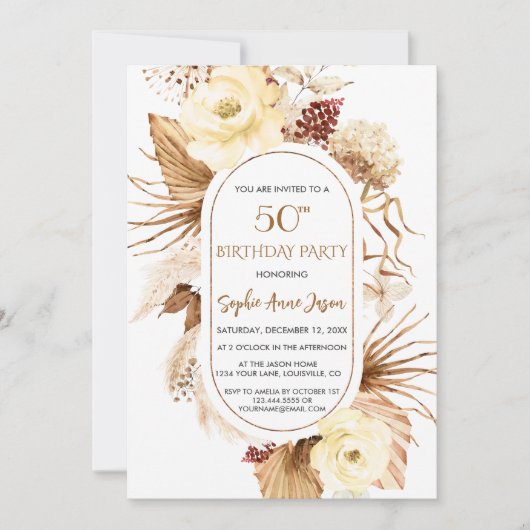 Elfenbeinflora Pampas Grass Palm Foto 50. Geburtst Einladung (Vorderseite)