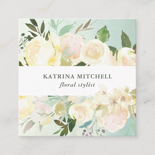 Elfenbeinflora| Weichgrüne Wasserfarbe Quadratische Visitenkarte (Vorderseite)