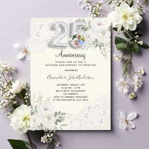 Elfenbeinflorale Foto 25. Hochzeitstag Einladung