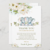 Elfenbeinflorale Twins Boy Girl Elephant Babydusch Dankeskarte (Vorne/Hinten)