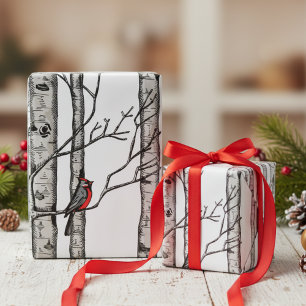 Elfenbeingroße Birkenbäume und Vögel des Roten Kar Geschenkpapier