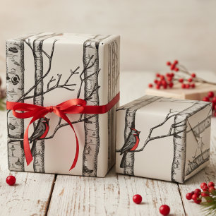 Elfenbeingroße Birkenbäume und Vögel des Roten Kar Geschenkpapier