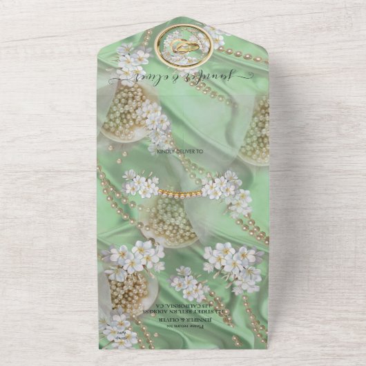 Elfenbeingrün-goldene Perlen auf einer Hochzeit All In One Einladung (Außenbereich)