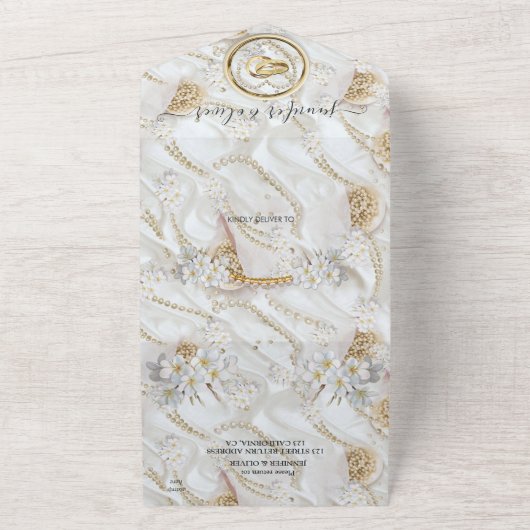 Elfenbeingrün-goldene Perlen auf einer Hochzeit All In One Einladung (Außenbereich)