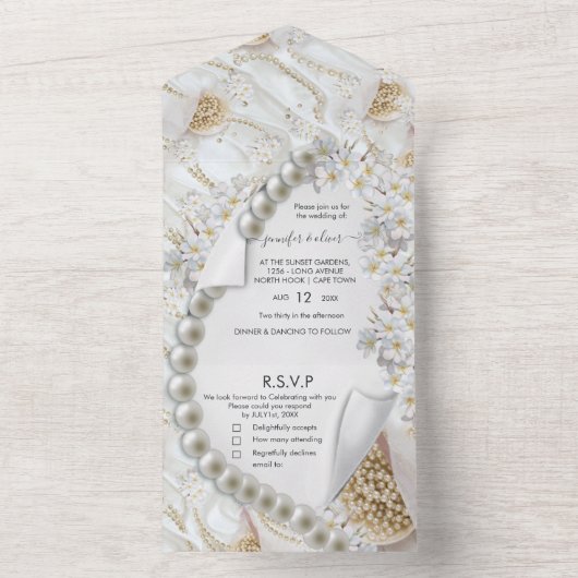 Elfenbeingrün-goldene Perlen auf einer Hochzeit All In One Einladung (Innen Boden)