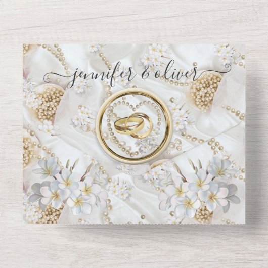 Elfenbeingrün-goldene Perlen auf einer Hochzeit All In One Einladung (Rückseite)