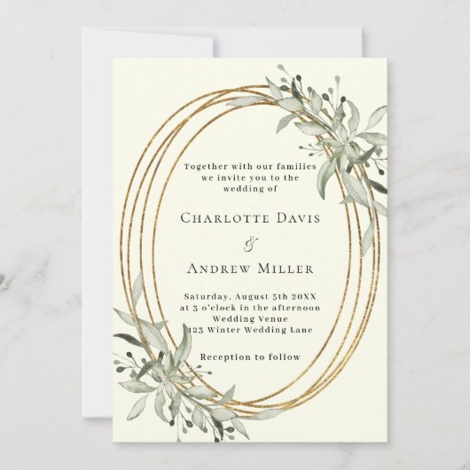 Elfenbeingrün Goldrahmen Hochzeit Einladung (Vorderseite)