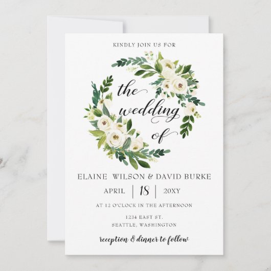 Elfenbeingrüne Rosenblütenhochzeit Einladung (Vorderseite)
