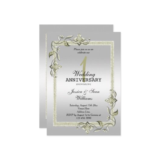 Elfenbeinheim, Glitzer & Silberne 1. Hochzeit Einladung (Vorderseite/Rückseite Beispiel)