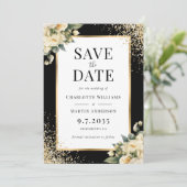 Elfenbeinhochzeit, Rose Black Gold Confetti Save The Date (Stehend Vorderseite)
