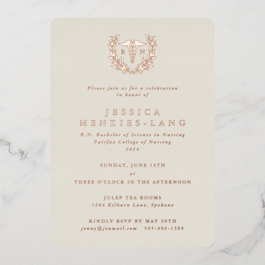 Elfenbeinkranke Caduceus+Laurel Wreath Folieneinladung (Vorderseite)