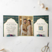 Elfenbeinküste Aquamarin Peacock Pattern Floral In Dreifach Gefaltete Einladung (Innenseite)