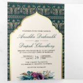 Elfenbeinküste Aquamarin Peacock Pattern Floral In Dreifach Gefaltete Einladung (Innen Erste Seite)