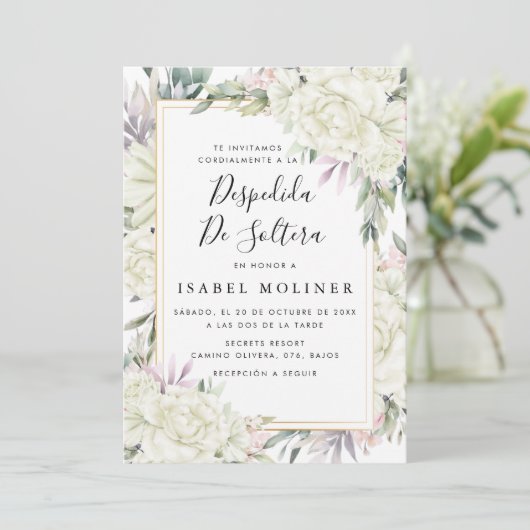 Elfenbeinküste Rose Blumengold Spanisches Brautpar Einladung (Stehend Vorderseite)