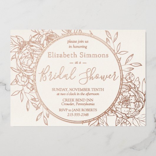 Elfenbeinküste & Rose Gold Modern Peony Toile Brau Folieneinladung (Vorderseite)