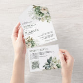 Elfenbeinküste Rose Sage Green Floral QR Code Hoch All In One Einladung (Abreißen)