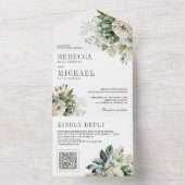 Elfenbeinküste Rose Sage Green Floral QR Code Hoch All In One Einladung (Innen Boden)