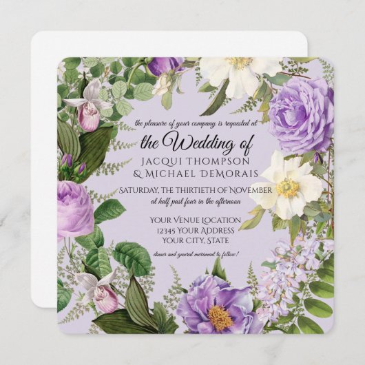 Elfenbeinküste und Lavendel-Rose Vintag Botanische Einladung (Vorne/Hinten)