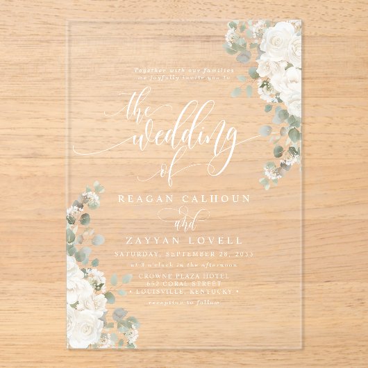 Elfenbeinküste und sage Chic Script Elegante Blume Acryleinladungen (Vorderseite)