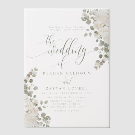 Elfenbeinküste und sage Chic Script Elegante Blume Pergament Einladungen (Vorderseite)