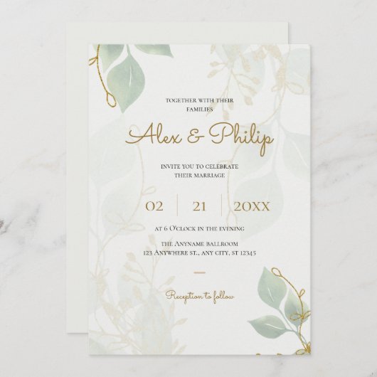 Elfenbeinoliven Grün und Gold Elegante Blumenhochz Einladung (Vorne/Hinten)