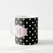 Elfenbeinpolka Dots auf Schwarz-Rosa-Oval-Monogram Kaffeetasse (Vorderseite Links)