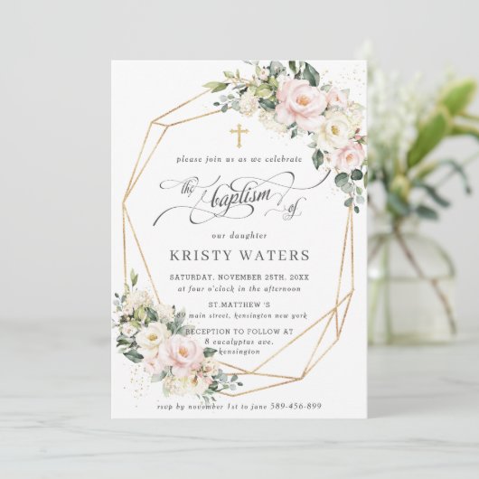 Elfenbeinrosa Blütengrün Blütengrün Taufe Geometri Einladung (Stehend Vorderseite)