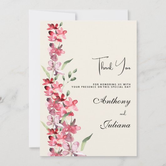 Elfenbeinrosa Bordeaux grüne Blüte Danke Einladung (Vorderseite)