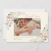 Elfenbeinrosa und Goldflorale Boho Wedding-Foto Dankeskarte (Vorderseite)