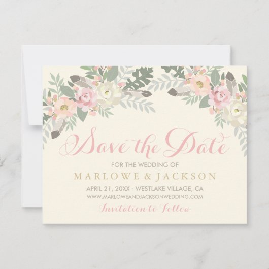 Elfenbeinrosa und Goldflorale Boho Wedding-Foto Save The Date (Vorderseite)