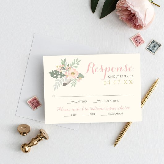 Elfenbeinrosa und Goldflorale Boho Wedding RSVP Karte