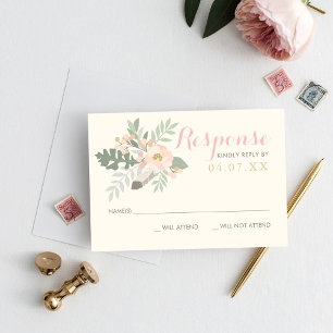 Elfenbeinrosa und Goldflorale Boho Wedding RSVP Karte
