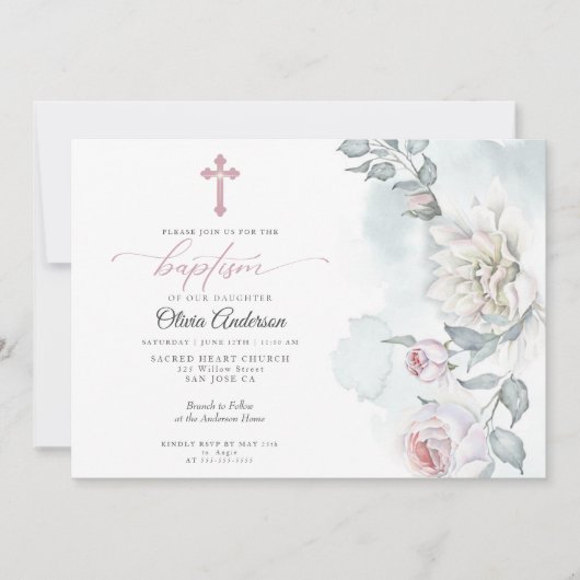 Elfenbeinrot Rosa Hütte Blume Taufe Einladung (Vorderseite)