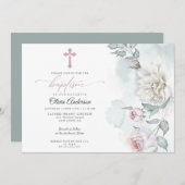 Elfenbeinrot Rosa Hütte Blume Taufe Einladung (Vorne/Hinten)