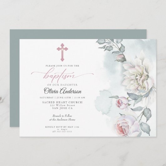 Elfenbeinrot Rosa Hütte Blume Taufe Einladung (Vorne/Hinten)