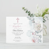 Elfenbeinrot Rosa Hütte Blume Taufe Einladung (Stehend Vorderseite)