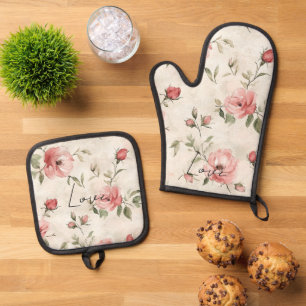 Elfenbeinrot Roses Roses Bloral Ofenhandschuh & Topflappen-Set