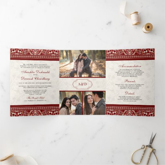 Elfenbeinroter Grenzübergang in einer indischen Ho Dreifach Gefaltete Einladung (Innenseite)