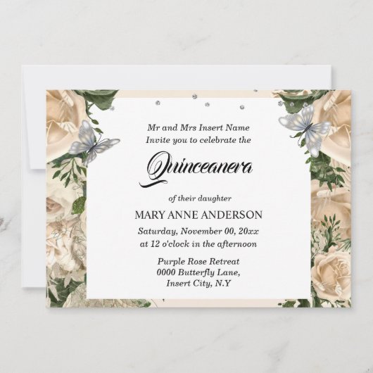 Elfenbeinschmetterling Elegante Rose Quinceanera Einladung (Vorderseite)