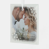 Elfenbeinschneeflocken Frame Chic Holiday Wedding Ornament Aus Glas (Vorderseite links)