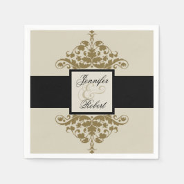 Elfenbeinschwarz und Gold Damask Hochzeit Napkin Serviette