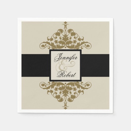 Elfenbeinschwarz und Gold Damask Hochzeit Napkin Serviette (Vorderseite)