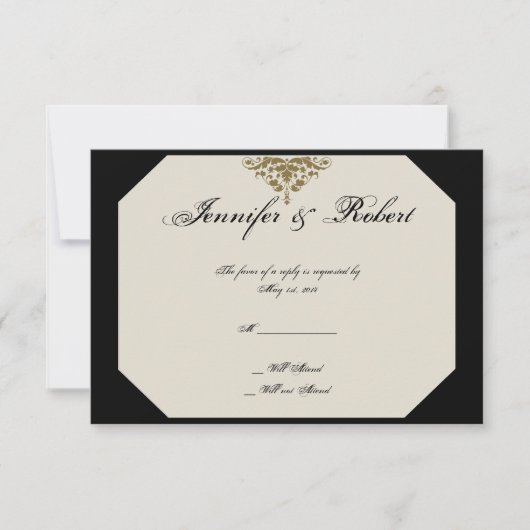 Elfenbeinschwarz und Gold-Damaskus-Hochzeitsaktion RSVP Karte (Vorderseite)