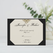 Elfenbeinschwarz und Gold-Damaskus-Hochzeitsaktion RSVP Karte (Stehend Vorderseite)