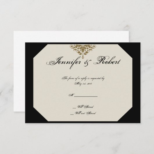 Elfenbeinschwarz und Gold-Damaskus-Hochzeitsaktion RSVP Karte (Vorne/Hinten)