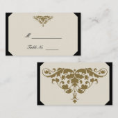 Elfenbeinschwarz- und Golddamasken-Hochzeitssehen- Platzkarte (Vorne/Hinten)