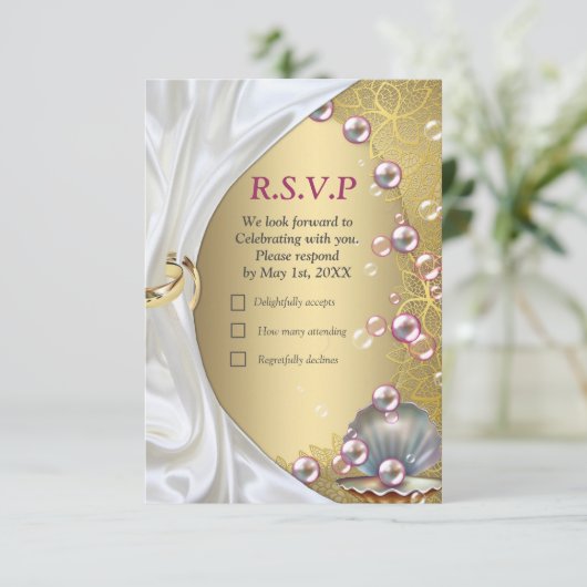 Elfenbeinseide, Goldeln und Perlen und Marmor RSVP Karte (Stehend Vorderseite)
