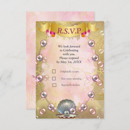 Elfenbeinseide, Goldeln und Perlen und Marmor RSVP Karte (Vorne/Hinten)
