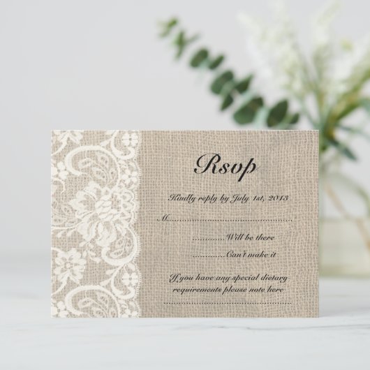 Elfenbeinspitze und Burlap Look - RSVP-Karte RSVP Karte (Stehend Vorderseite)